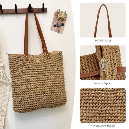 Image of Straw Beach Bags for Women - Woven Tote Bag Large Shoulder Handbags Summer Boho Straw Purse for Vacation