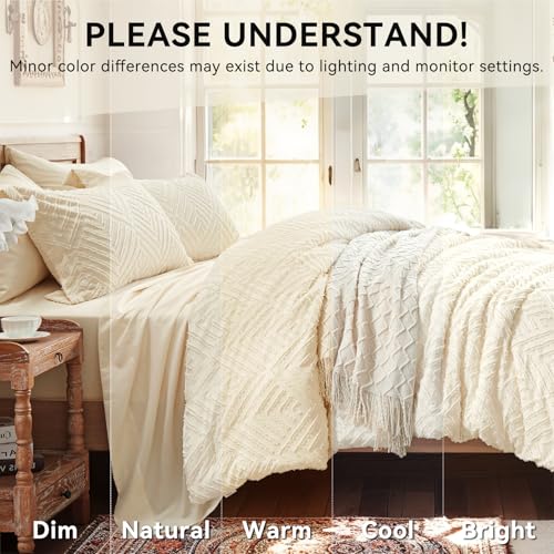 Image of Zzlpp Queen Comforter Set 7 Pieces, Cream Tufted Bed in a Bag with Comforter and Sheets, All Season Boho Bedding Sets with 1 Comforter, 2 Pillow Shams, 2 Pillowcases, 1 Flat Sheet, 1 Fitted Sheet