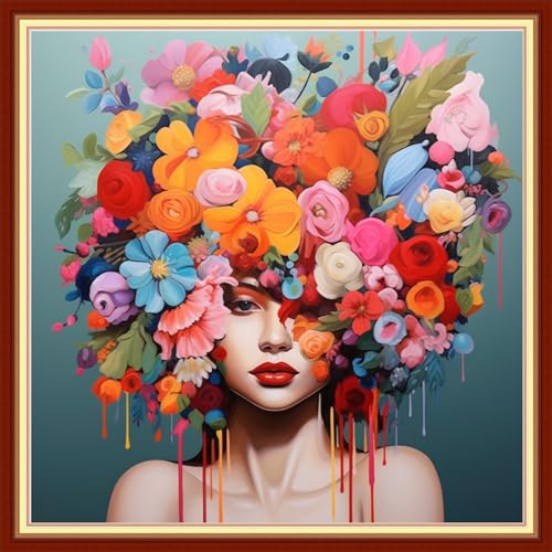Image of Artvxeay Cross Stitch Kits Stamped Full Range of Embroidery Starter Kits for Beginners Adult DIY 11CT- (Girl Flower 18x18 inch)