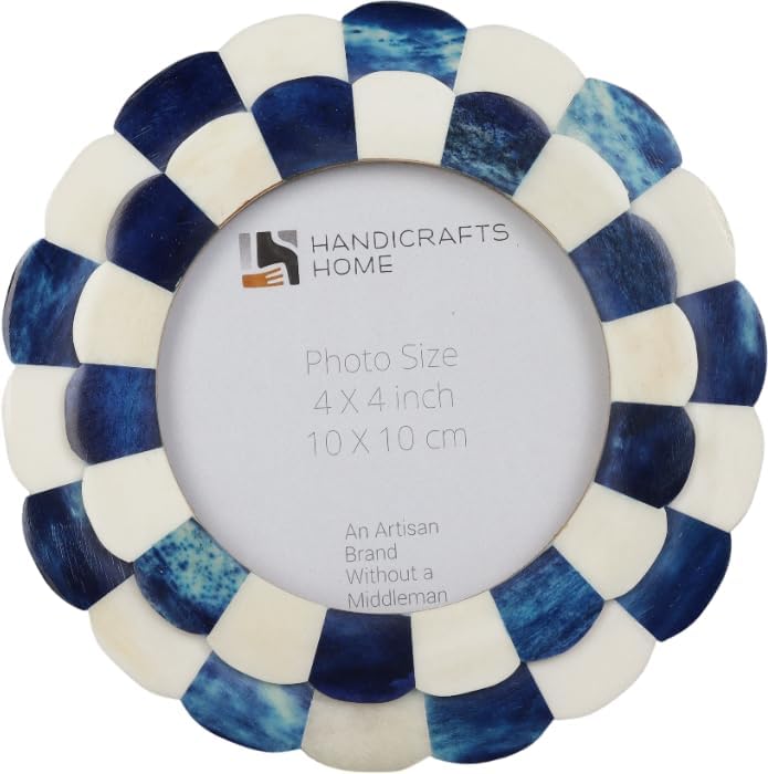 Handicrafts Home Marco de fotos blanco y azul de 4 x 4, marco vintage con incrustaciones de hueso festoneado, marco de fotos hecho a mano para