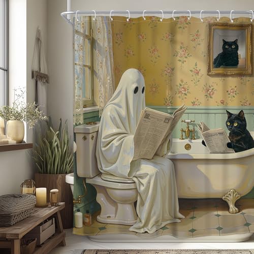 Image of Halloween Shower Curtain Funny Ghost Black Cat 60Wx72H Inch Decor