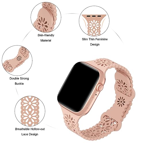Image of 6 Pack Slim Thin Lace Hollow-out Silicone Bands Compatible with Apple Watch 38mm 40mm 41mm 42mm 44mm 45mm 46mm 49mm Women, Breathable Sport Strap for iWatch Series 11 /10 /9 /8 /7 /6 /5 /4 /3 /2 /1 Ultra SE