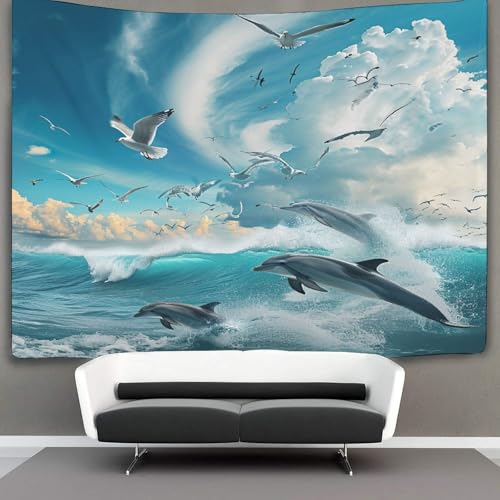Couverture murale 3D mouettes et vagues en polyester doux pour salon - 3