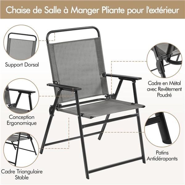 Yaheetech Lot de 4 Chaise de Jardin Extérieur Chaise Pliante Camping Portable Tissu en Polyester Respirant et Robuste Gris