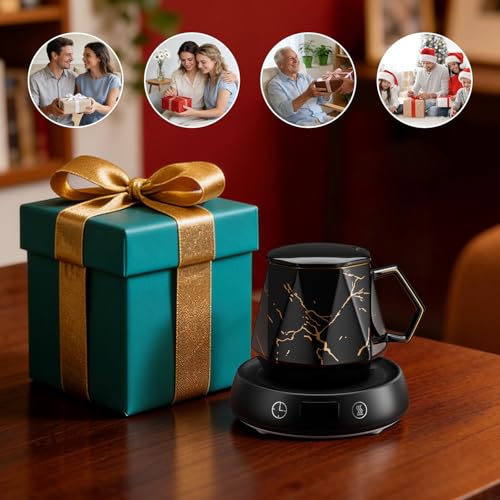 Image of Coffee Mug Warmer Set for Desk 1-9H Timer Electric Heated Cup Candle Warmer | Marbling Mug Tea Beverage Coffee Warmer for Office Home, 3 Temperature Control 1-9H Delay Start Timer Shut Off, Gifts for Men