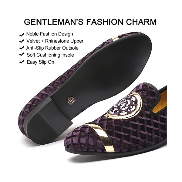 XQWFH Mens Rhinestone Loafers Velvet Tuxedo Dress Shoes with Gold Plate Smoking Slippers Slip-On Penny Party Wedding Casual Shoes, Purple, 12 - Image 3