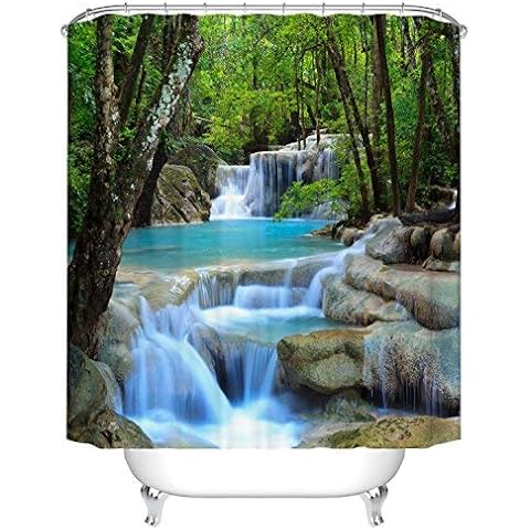Waterproof Polyester Fabric Bathroom Shower Curtain, Qile Mildew-Resistant Anti-Bacterial 3D Digital Printing Pattern Shower Curtains with 12 Ring Hooks, 180 x180cm (Natural Landscape 3D Waterfalls) Cover