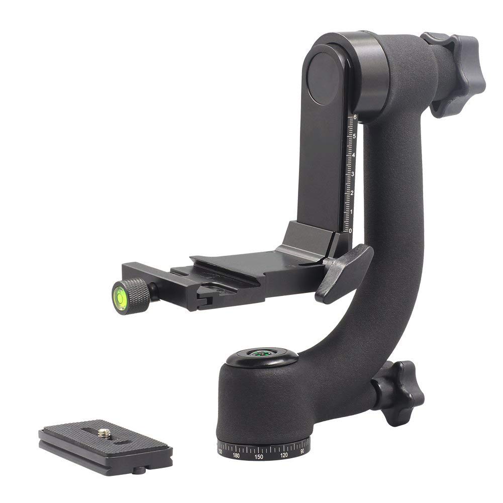 Professional Heavy Duty Metal 360 Degree Panoramic Gimbal Tripod Head with Arca-Swiss Standard 1/4'' Quick Release Plate and Bubble Level for Digital SLR Cameras up to 30lbs