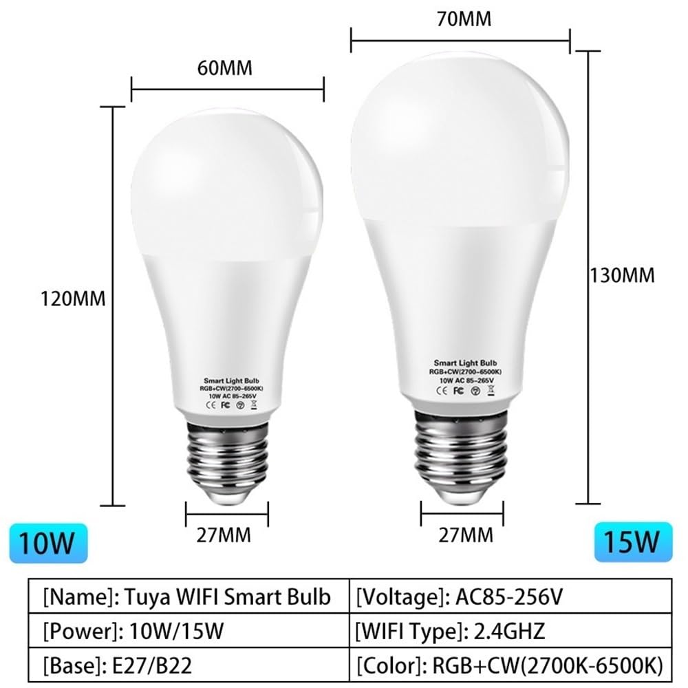 RZL Iluminación, Paquete de 10 bombillas LED inteligentes AC85-265V E27 10 W/12 W/15 W/18 W RGBCW Bombilla WIFI controlada por voz(12W)