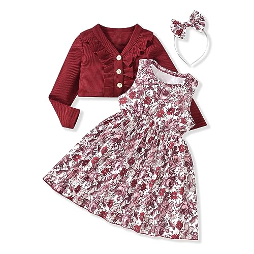 HINTINA Toddler Little Girls Dress And Cardigan Sets 2 Piece Floral Print Sleeveless Dress and Long Sleeve Cardigan Set