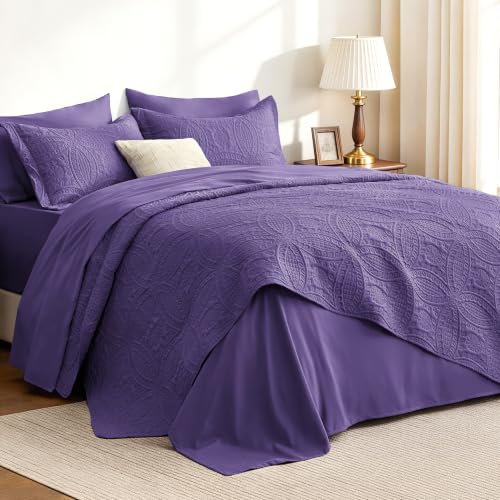 Love's cabin Queen Quilts Bedspreads, 7 Pieces Bed in a Bag, Deep Purple