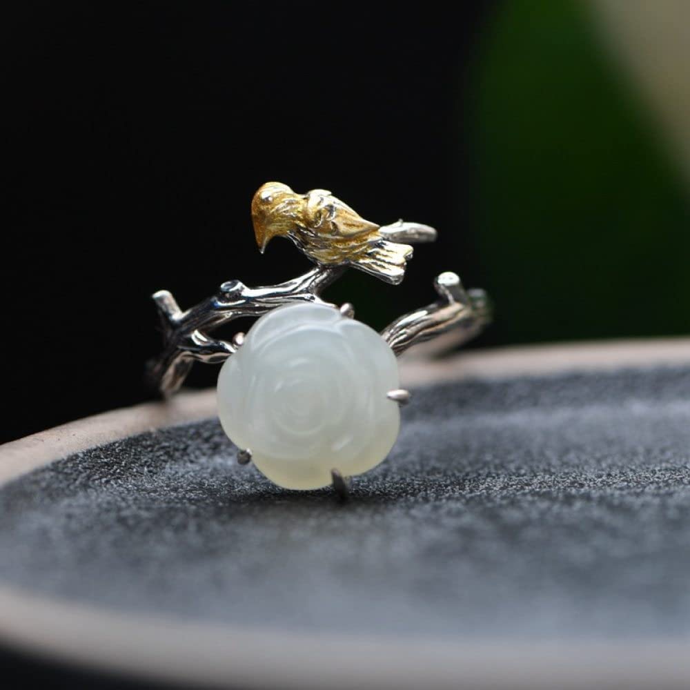 Anello in Argento 925 da Donna,Anelli Regolabili Placcato Oro Uccello Hetian Giada Rosa Fiore S925 Ramoscelli in Argento Sterling Anello Dito Indice di Fascino Gioielli Regali per Uomini Ragazze sig