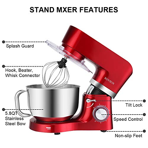 image for ROVSUN 5.8 Quart Stand Mixer, 660W 6-Speed Electric Tilt-Head Kitchen 