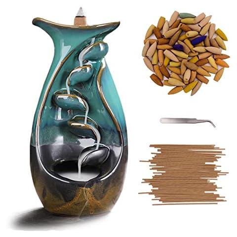 Smoke Backflow Incense Waterfall Burner Holder Blue Ceramic Glazed Censer Home Ornaments with Fragrance Accessories 60 pcs Incense Cones, 50 pcs Incense Sticks, Tweezers Cover