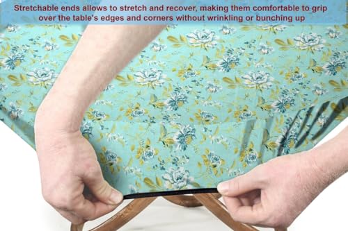 Image of The Furnishing Tree Elastic Cotton Round Dining Table Cover 36x36 in Inches Floral Golden Leaf on Blue Base