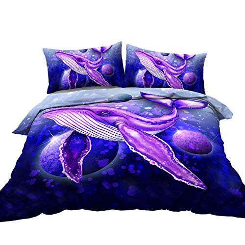 BlessLiving 3D Cosmic Humpback Whale Swimming Duvet Cover 3 Piece Purple Violet Deep Ocean Space Bedding Sets for Boys (King)