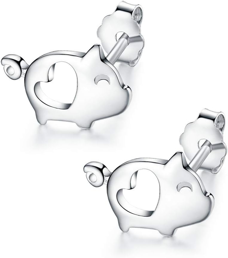 Love Heart Cute Pig Sterling Silver Studs Earrings for Women Sensitive Ears Tiny Luck Post