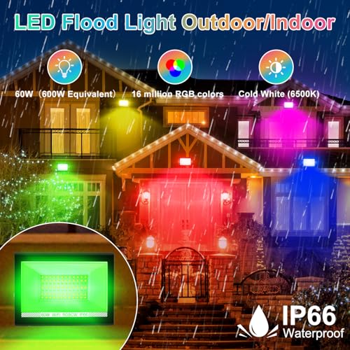 Image of T-SUN LED Flood Lights Outdoor 60W, 600W Equivalent 6000LM Color Changing Landscape Light with APP Control, Waterproof Floodlights with 2700K & 16 Million Colors, Timing, Music Sync, US Plug(4Pack)