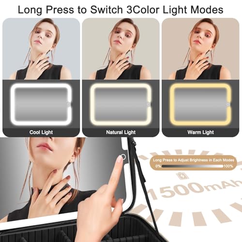 Large Travel Makeup Bag with LED Mirror, 3-Color Stepless Dimming Stand Mirror Detachable, with Adjustable Divider, Makeup Brush Holder Storage (Black)4