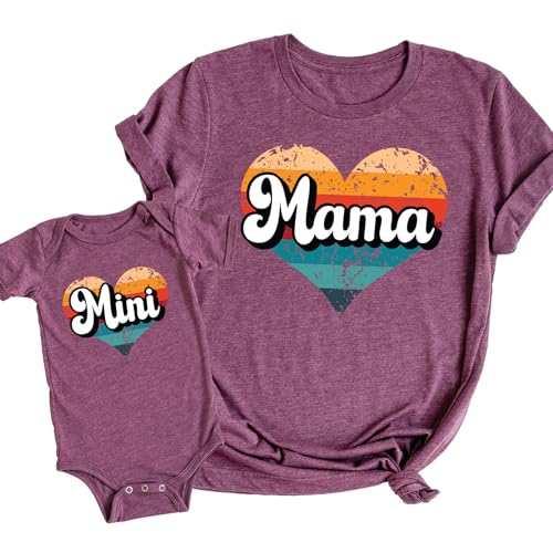 Mama and Me Matching T-Shirts, Baby Shower Gift for Mama Mini Baby Toddler, Mother's Day Outfits, Family Mommy Me Designs, Baby Girl Boy, Cute Graphic Print Shirts, Pack of 2 (Retro Heart)
