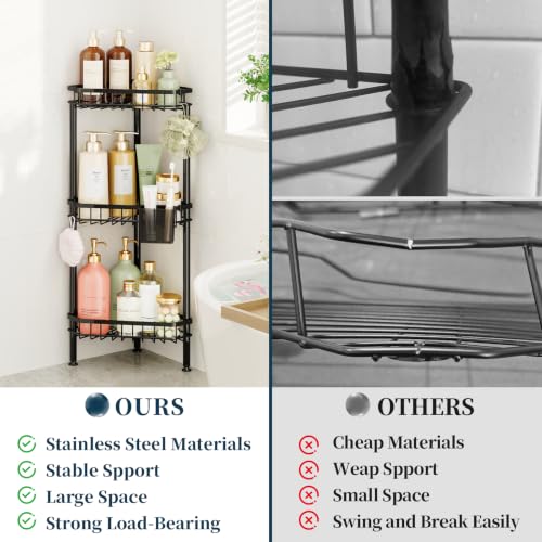 Consumest-Corner-Shower-Caddy-Stand-Rustproof-Bathroom-OrganizerStorage-3-Tier-Shower-Shelves-for-Inside-Shower-Stainless-Steel-Corner-Shelf-with-Soap-Holder-4-Hooks-Brush-Holder-Black