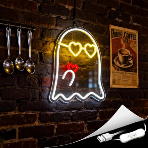 Image of White&Yellow Neon Sign Led Neon Lights Signs for Wall Decor USB Powered Led Signs for Room Decoration-Eyeglass Heart Ghost