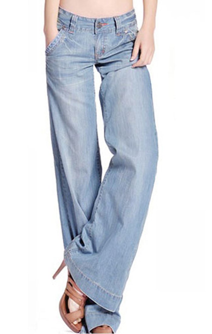 Easy New Retro Fashion Womans Lady Casual Wide-Leg Denim Jeans Blue Pants