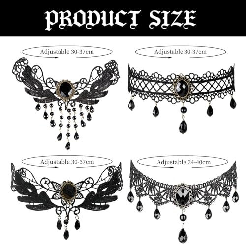 4PCS Gothic Halskette Set, Schwarz Spitze Choker Damen, Vintage Lolita Kostüm Zubehör, Gotisch Choker Halsband, Schwarz Spitze Kette, Gothic Schmuck für Halloween Karneval Maskerade Cosplay Fasching