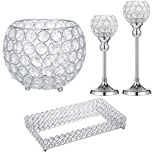 4 Packs Crystal Candle Holders Centerpieces Table Decorations, Crystal Tea Lights Candelabras, Centerpiece Table Mirror Tray, For Vase Decoration, Wedding Centerpieces Tables Decoration (Silver) #TOP1