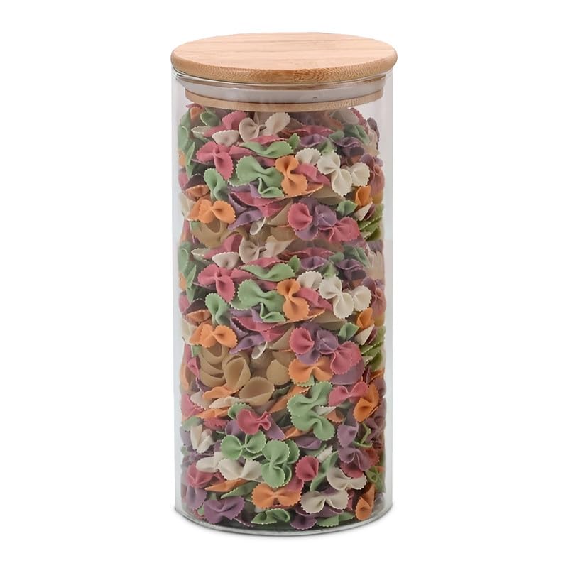 Image of Allo 1000ML Kitchen Storage Box Glass Jars With Wooden Lids - Borosilicate Glass Food Storage Containers Airtight Glass Jar for Tea, Coffee, Spice, Pulses, Masala (Round Glass Jar - Set of 1)