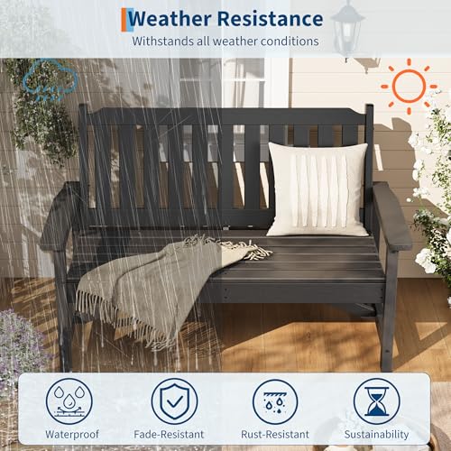 Image of Takywep 2‑Seater HDPE Patio Bench, Weatherproof Outdoor Bench, Garden Slatted Bench for Front Porch, Deck, Lawn, and Pool, Grey