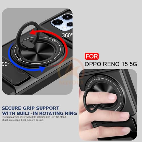 Image of Oppo Reno 15 5G Back Cover | Armor Camera Slider 360 Degree Rotating Finger Ring Holder Case with Bracket Stand Back Case Cover (Compatible with MagSafe Accessories) (Black)