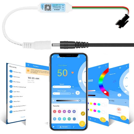 Image of WS2812B RGB Individually Addressable Pixel LED Strip - 5m (16.4ft) - 60 LEDs /m + SP621E Bluetooth Controller with Music Sync