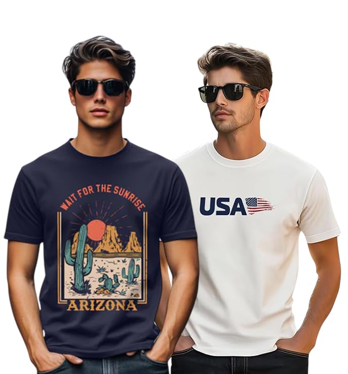 Image of Veirdo 100% Pure Cotton Regular Fit Cool & Trendy Front Printed Half Sleeve T-Shirt Combo for Men (Available Colors: Black, Navy, Swanwhite, White & Green)