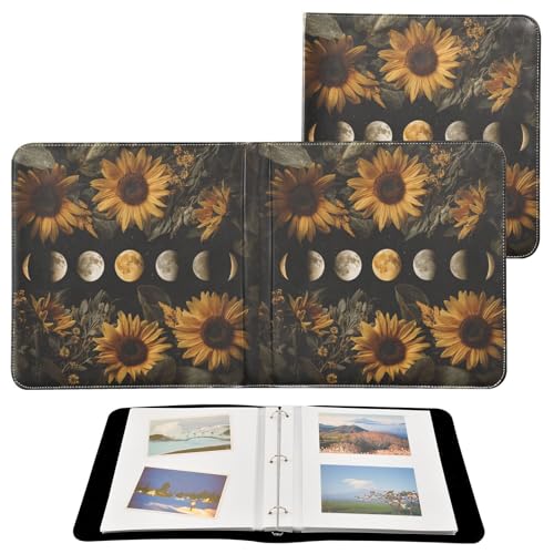 Álbum de fotos ALAZA con fases lunares y flores de girasol, cubierta de cuero sintético PU, diseño de tres anillos, para bodas, viajes y recuerdos familiares miniatura 2