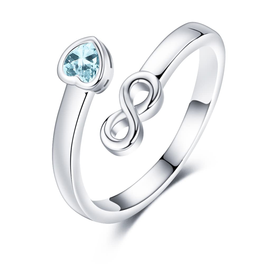 UEUCInfinity Birthstone Ring for Women, 14K White Gold Plated Heart 5A Zircon Open Adjustable Ring, Wedding Engagement Statement Promise Ring(#3)