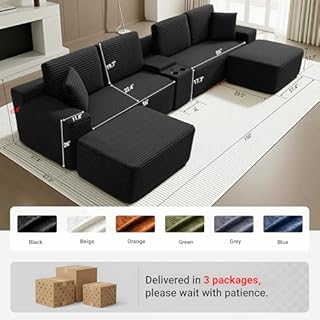 ivoros 150 Inch Modular Sectional Sofa Couch, Oversized Modern Cloud Couch for Living Room, U Shape Couches with 2 Ottomans, USB Ports and Cup Holders, Black Corduroy Boneless Sofas, Sofa in a Box
