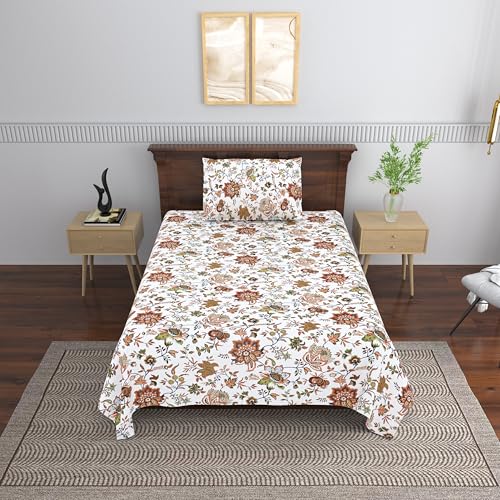 Image of Mafatlal Saanjh 144 TC Single Cotton Bedding 90x60 Inch | Bed Sheet Single Size | Floral Pattern Textile | Ethnic Look | Comfortable Summer Ready Material | Pillowcase Included | Brownish