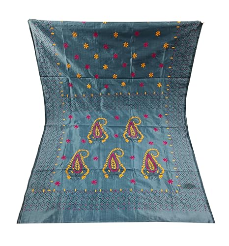 Image of SHRISTI CLOTHINGS Women's Hand Embroidered Cotton Silk Kantha Stitch Saree with Blouse Piece (J420924 GREYD48)
