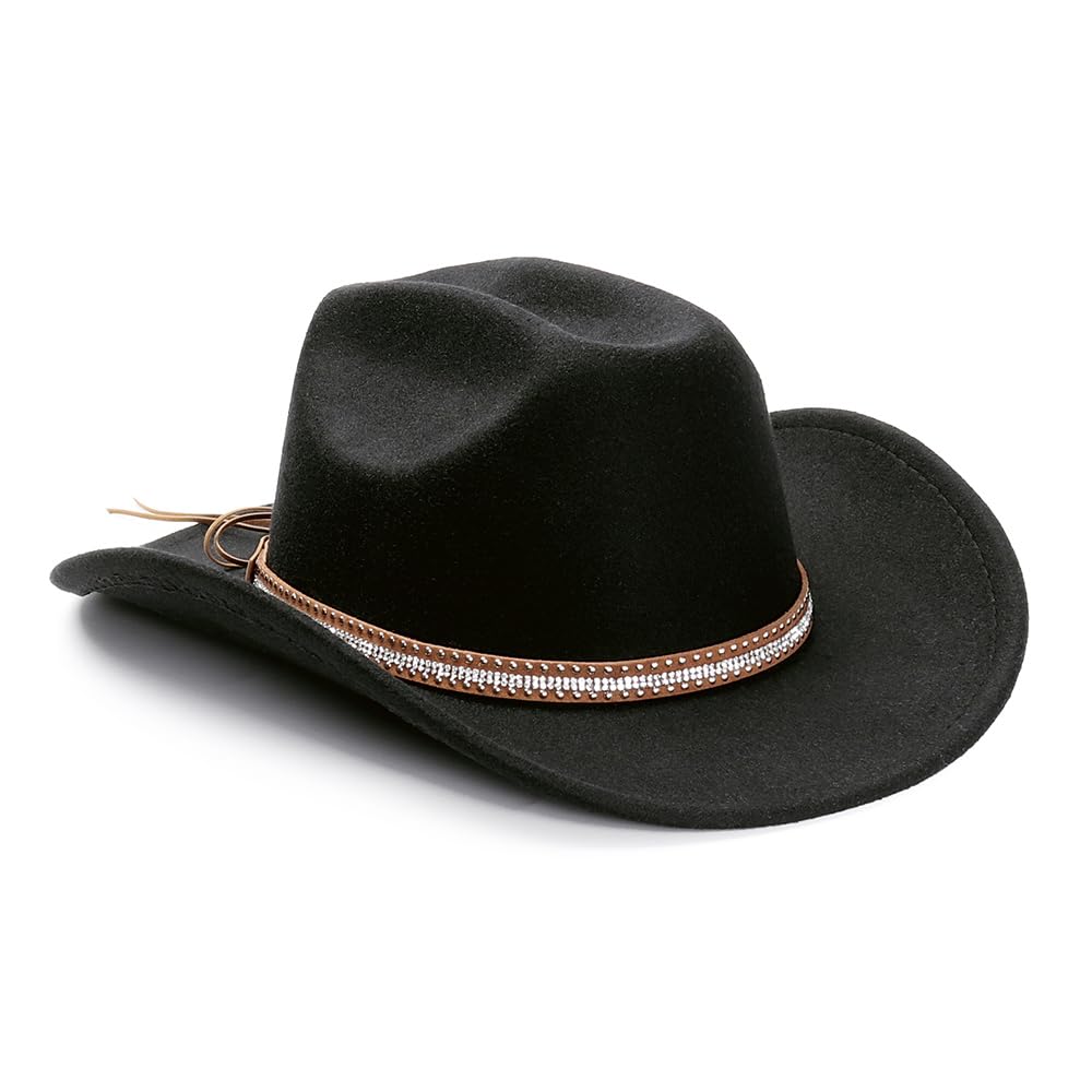 LolliWeaver Women Men Fashion Wide Brim Teardrop Crown Felt Western Cowboy Cowgirl Hat with Silver Studs Leather Hat Band