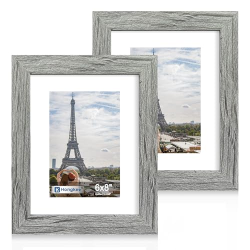 Hongkee 6x8 Picture Frame Set of 2, Real Glass and Wood Frame for Mat 4x6