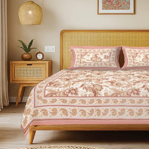 Image of Urban Space 100% Cotton Jaipuri Handblock Printed Double Bedsheet with 2 Pillow Covers, 200 TC Cotton Bedsheet (Size 90 x 100 inches, Rangmahal)