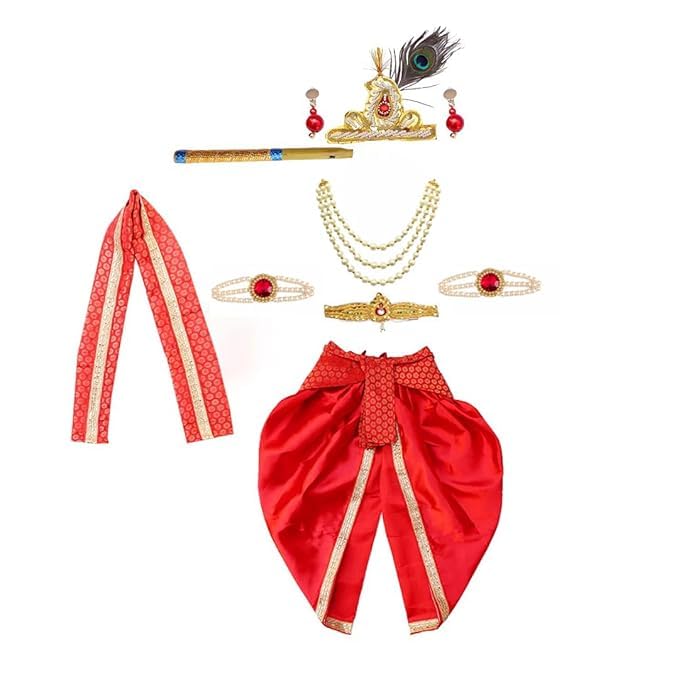 Image of ITSMYCOSTUME Krishna Dress for Baby Boy Kids Set of 10(Dhoti,Patka,Hip Cover,Mukut,Morpankh,Bansuri,Kamarband,Bajuband,Kundal) Little Krishna Ji Kanha Janmasthmi Costume for Kids