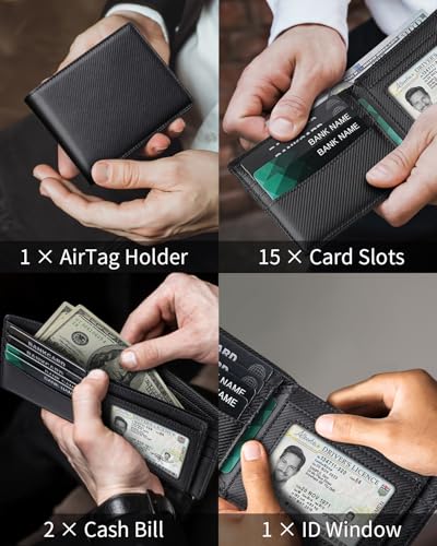 Image of Mens Genuine Leather Bifold RFID Blocking Wallet with 14 Card Slots, ID Window & 2 Cash Pocket - Includes Gift Box (Modern Black)