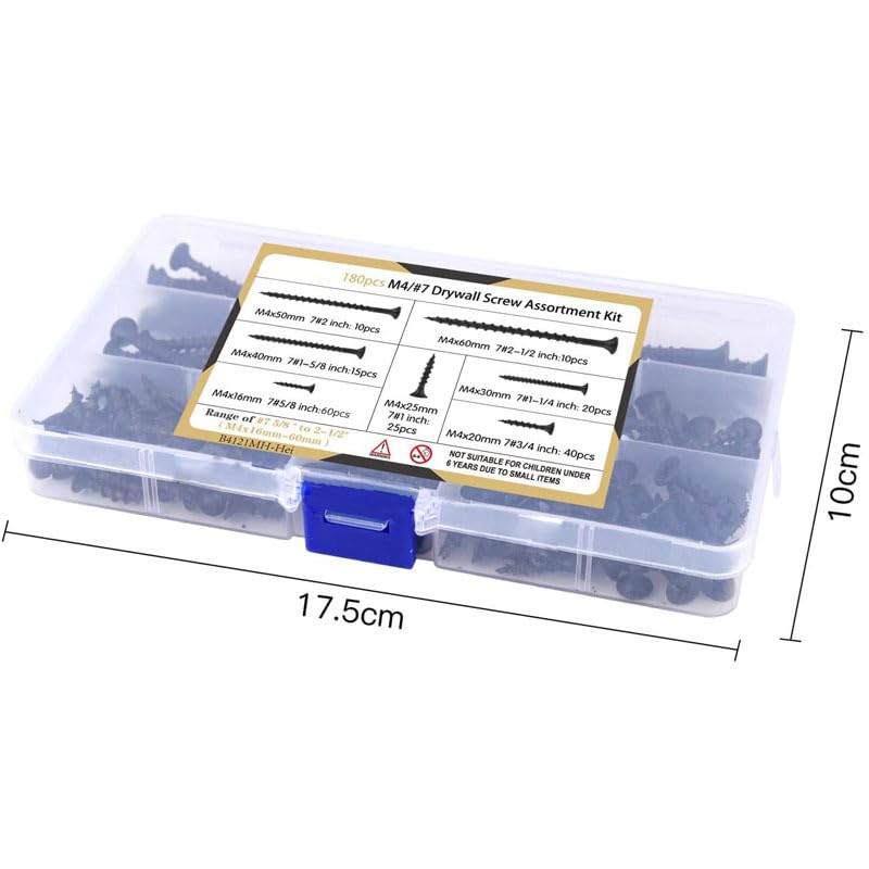 180PCS M4 Black Cross Countersunk Flat Head Tapping Screws Hardened Drywall Nails Wood Screw Set Kit Plasterboard Screw Wall