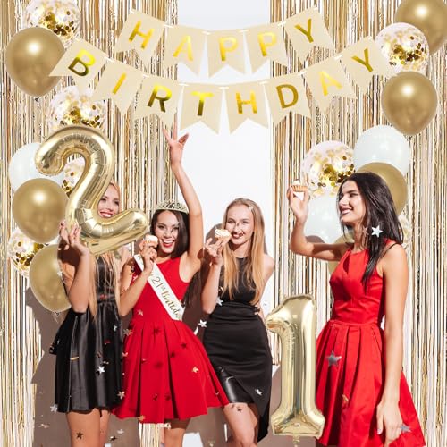 Image of Trgowaul 21st Birthday Decorations for her, Champagne Gold Happy 21st Birthday Supplies for Girls, 21 Sash and Crown, Banner, Fringe Curtains, Cake Topper, 21 Year Old Party Supplies Set