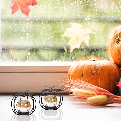 Pumpkin Glass Votive Candle Holder, Set Of 2, Decorative Matte Black Iron Tea Light Candle Holder For Home Décor, Thanksgiving Decoration, Halloween Table Decor #TOP6