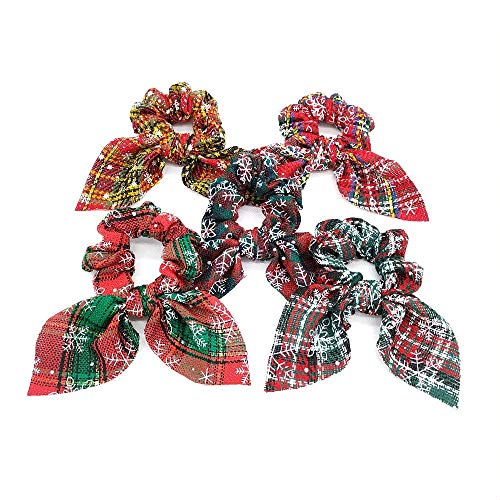JUNSSTORE Premium Christmas Bow Scrunchies Snowflake Printed Elastic Hair Ties Colorful Plaid Hair Bobbles Scrunchie with Bow Ponytail Holders for Women Girls Charistmas/New Year Gift