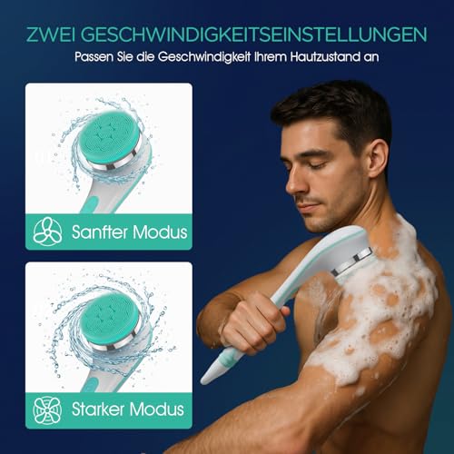 VOYOR Rückenbürste Duschbürste Körperbürste elektrische Rückenbürste langer Griff wasserdicht Aufladbar mit 4 Reinigungsköpfen für Spa Dusche Peeling Massagebürste(Blau)