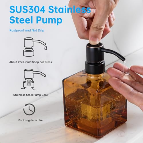 Image of Square Bathroom Soap Dispenser Amber Bottle with Oil Rubbed Bronze Pump, Retangle Cube 8.4 oz Glass Bottles with Stainless Steel Pump Hand Liquid Soap Dispenser Kitchen